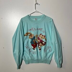 Vintage Easter USA Rock n Roll Is Here‎ To Stay Bunny Sweatshirt Blue Large